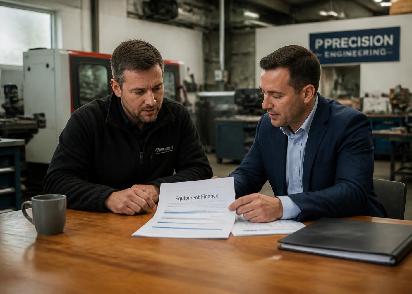 Business owner reviewing equipment finance documents with a broker