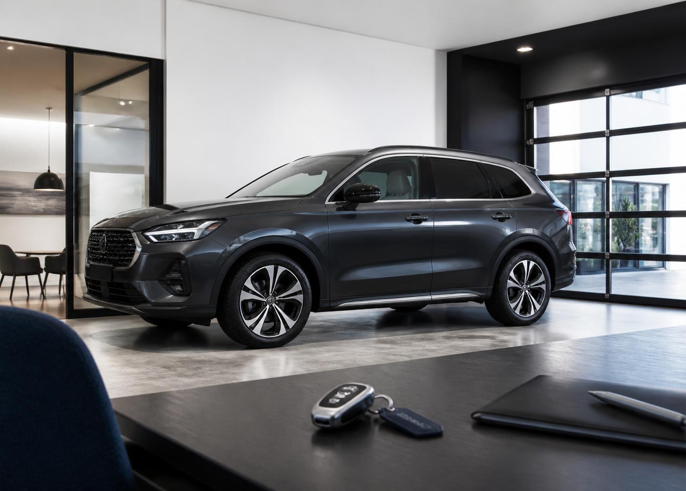 Graphite SUV prepared for delivery in a contemporary dealership