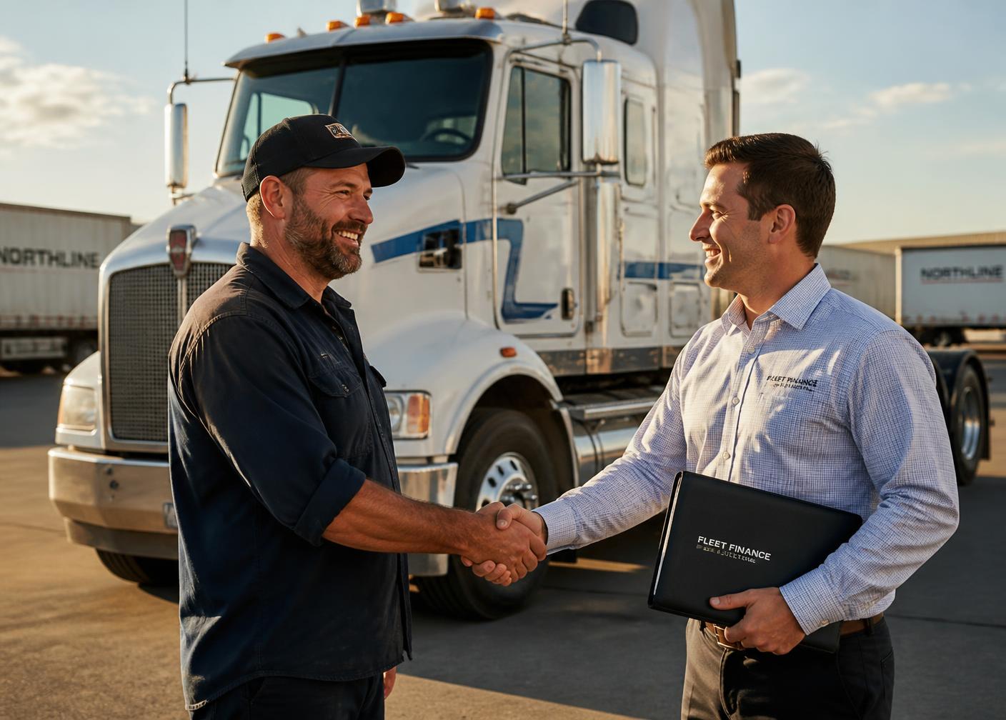 Truck operator and finance broker beside a parked prime mover